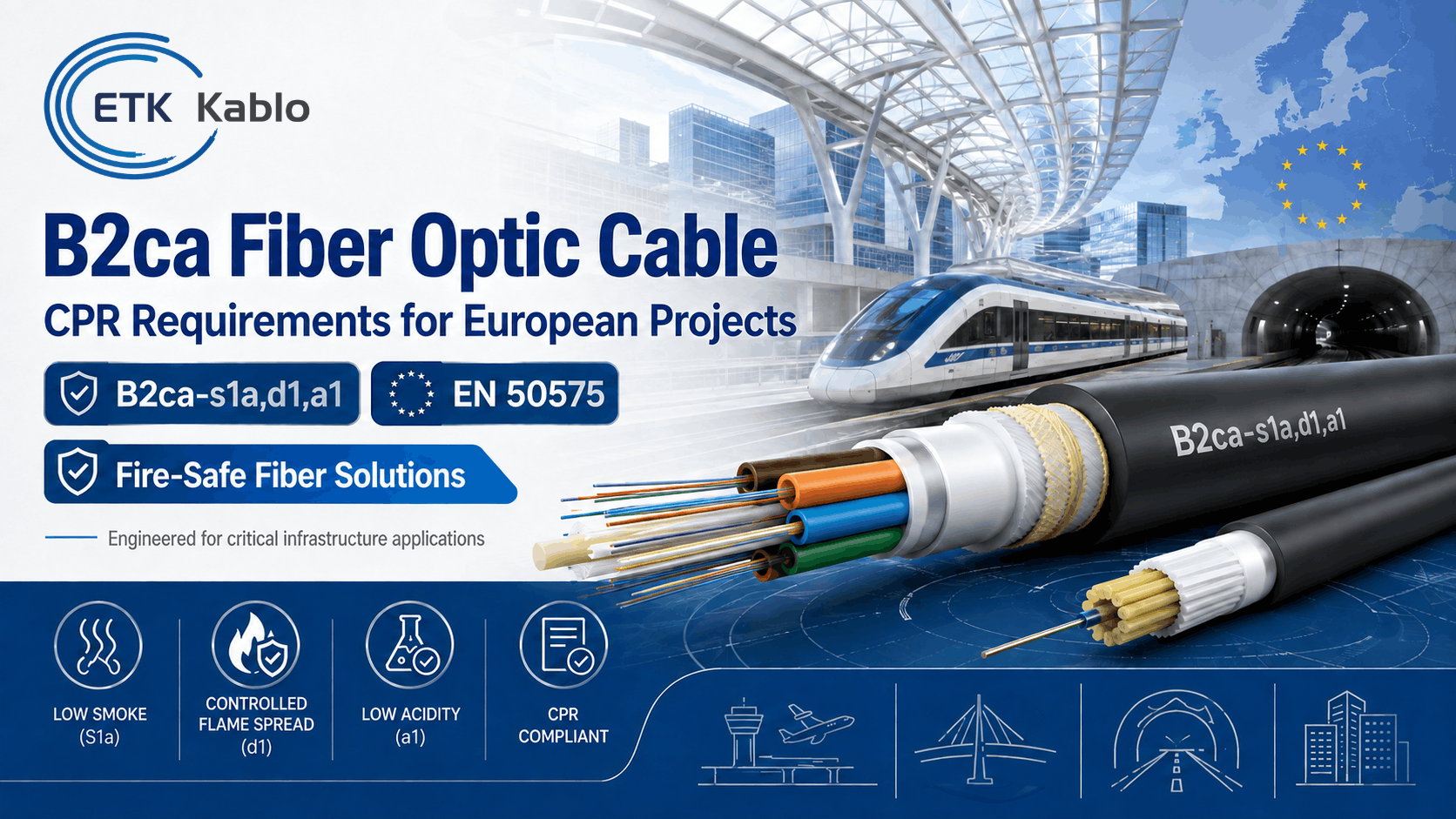 ETK Kablo B2ca-s1a,d1,a1 fiber optic cable for CPR compliant railway, tunnel, airport and critical infrastructure projects in Europe