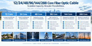 12, 24, 48, 96, 144 and 288 core fiber optic cable comparison showing typical capacity levels and applications for FTTX, campus, data center, telecom, railway, industrial and utility networks.