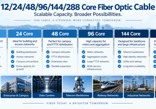 12, 24, 48, 96, 144 and 288 core fiber optic cable comparison showing typical capacity levels and applications for FTTX, campus, data center, telecom, railway, industrial and utility networks.
