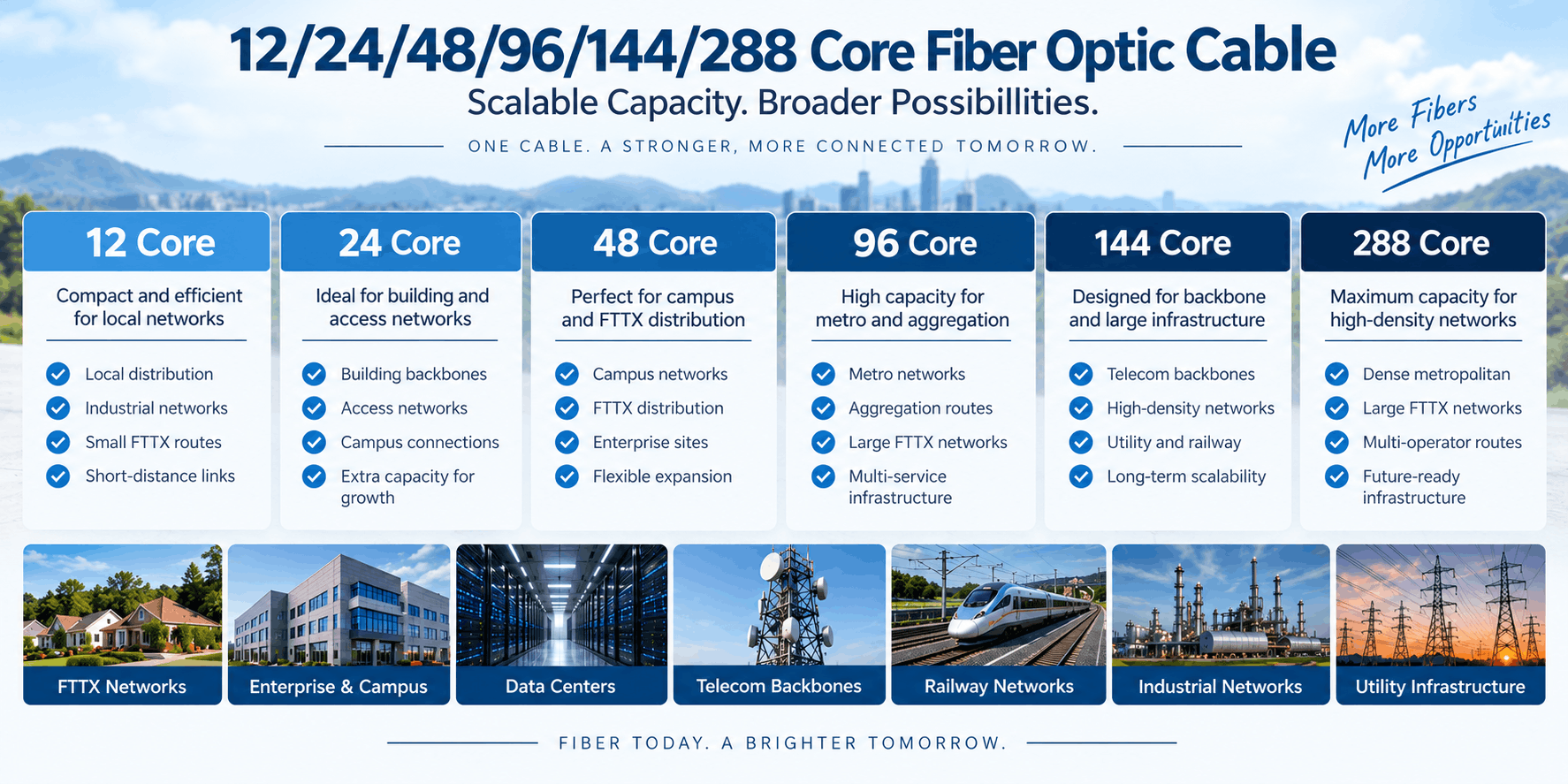 12, 24, 48, 96, 144 and 288 core fiber optic cable comparison showing typical capacity levels and applications for FTTX, campus, data center, telecom, railway, industrial and utility networks.