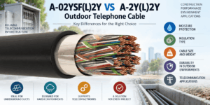 A-02YSF(L)2Y vs A-2Y(L)2Y outdoor telephone cable comparison showing multi-pair copper construction, moisture protection, insulation type, cable size and underground telecom applications.