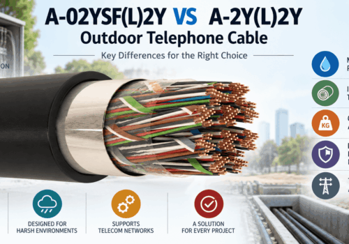 A-02YSF(L)2Y vs A-2Y(L)2Y outdoor telephone cable comparison showing multi-pair copper construction, moisture protection, insulation type, cable size and underground telecom applications.