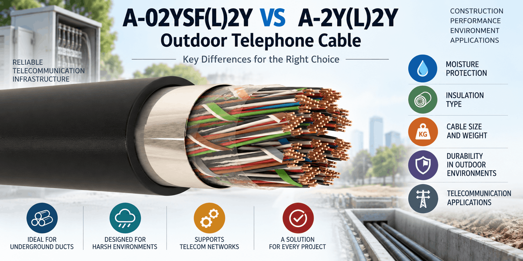 A-02YSF(L)2Y vs A-2Y(L)2Y outdoor telephone cable comparison showing multi-pair copper construction, moisture protection, insulation type, cable size and underground telecom applications.