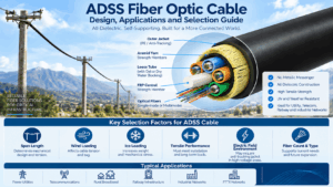 ADSS fiber optic cable infographic showing all-dielectric self-supporting construction, loose tubes, aramid yarn, FRP strength member, span length, wind, ice, tensile load and typical aerial applications.
