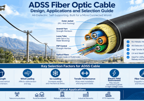 ADSS fiber optic cable infographic showing all-dielectric self-supporting construction, loose tubes, aramid yarn, FRP strength member, span length, wind, ice, tensile load and typical aerial applications.