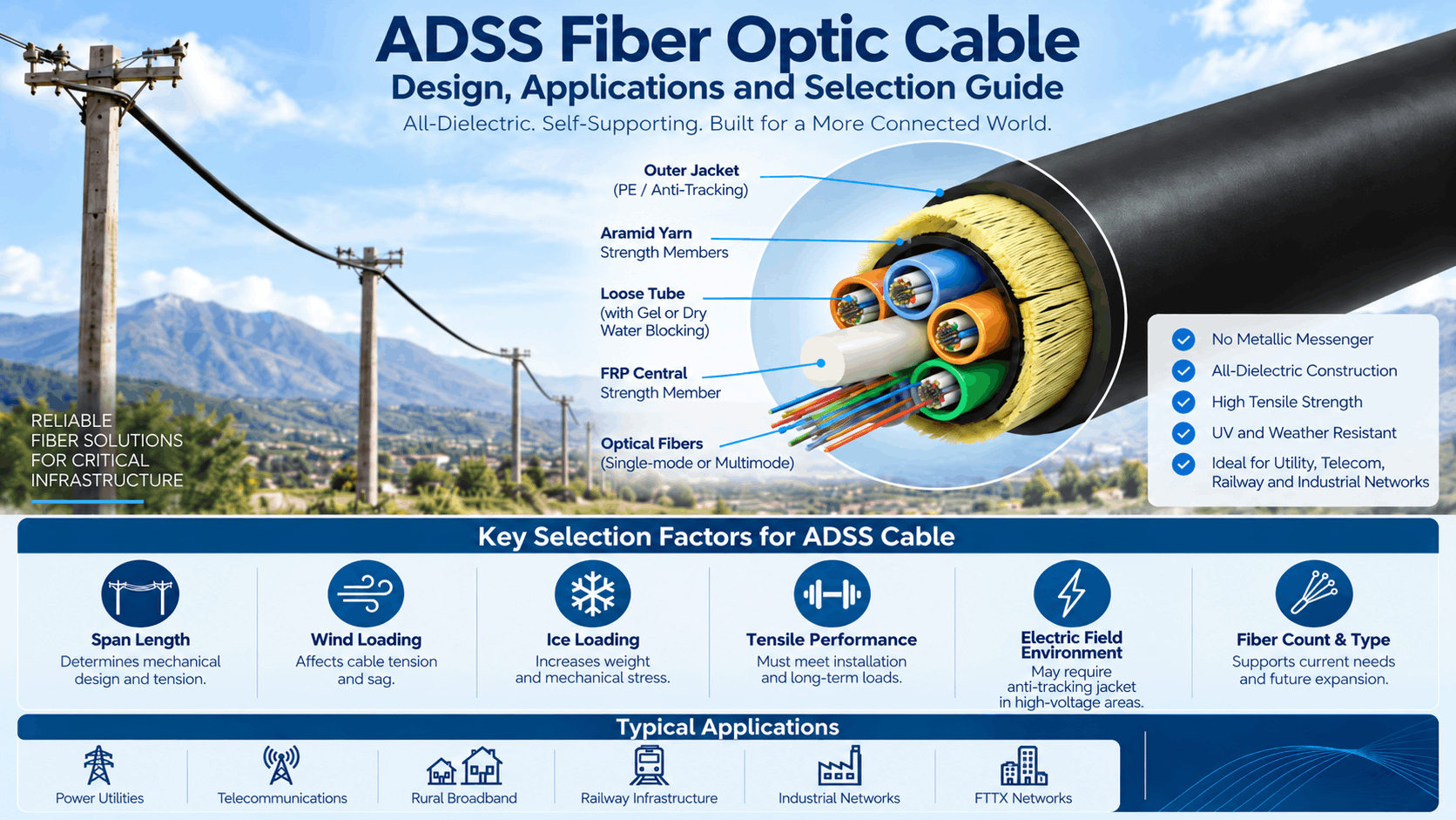 ADSS fiber optic cable infographic showing all-dielectric self-supporting construction, loose tubes, aramid yarn, FRP strength member, span length, wind, ice, tensile load and typical aerial applications.