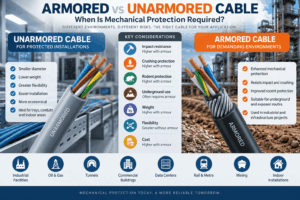Armored vs unarmored cable comparison showing differences in mechanical protection, impact resistance, crushing, rodent protection, flexibility, weight and typical applications.