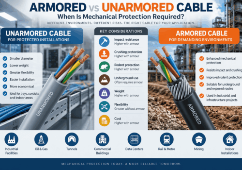 Armored vs unarmored cable comparison showing differences in mechanical protection, impact resistance, crushing, rodent protection, flexibility, weight and typical applications.