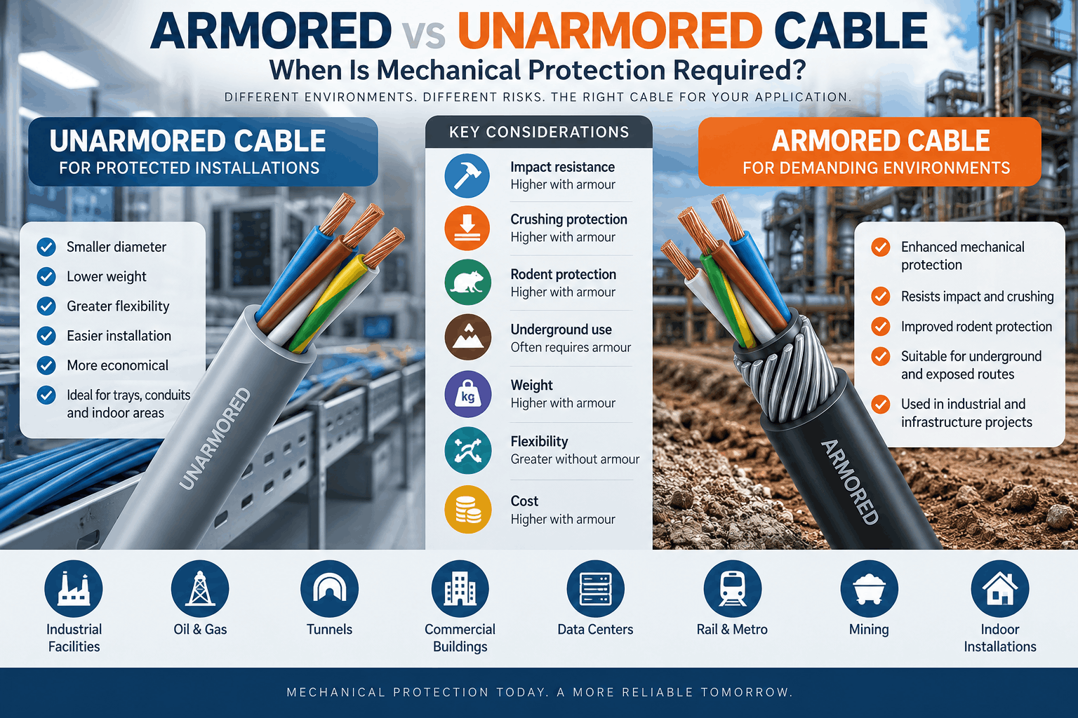 Armored vs unarmored cable comparison showing differences in mechanical protection, impact resistance, crushing, rodent protection, flexibility, weight and typical applications.