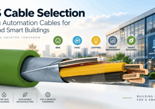 BMS cable selection infographic showing a screened building automation cable for HVAC, lighting, energy management and smart building systems.