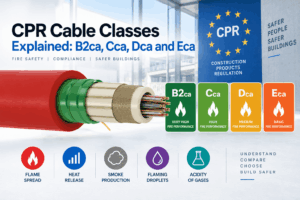 CPR cable classes infographic comparing B2ca, Cca, Dca and Eca reaction-to-fire performance, including flame spread, heat release, smoke production, flaming droplets and acidity of gases.