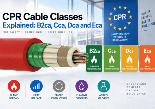 CPR cable classes infographic comparing B2ca, Cca, Dca and Eca reaction-to-fire performance, including flame spread, heat release, smoke production, flaming droplets and acidity of gases.