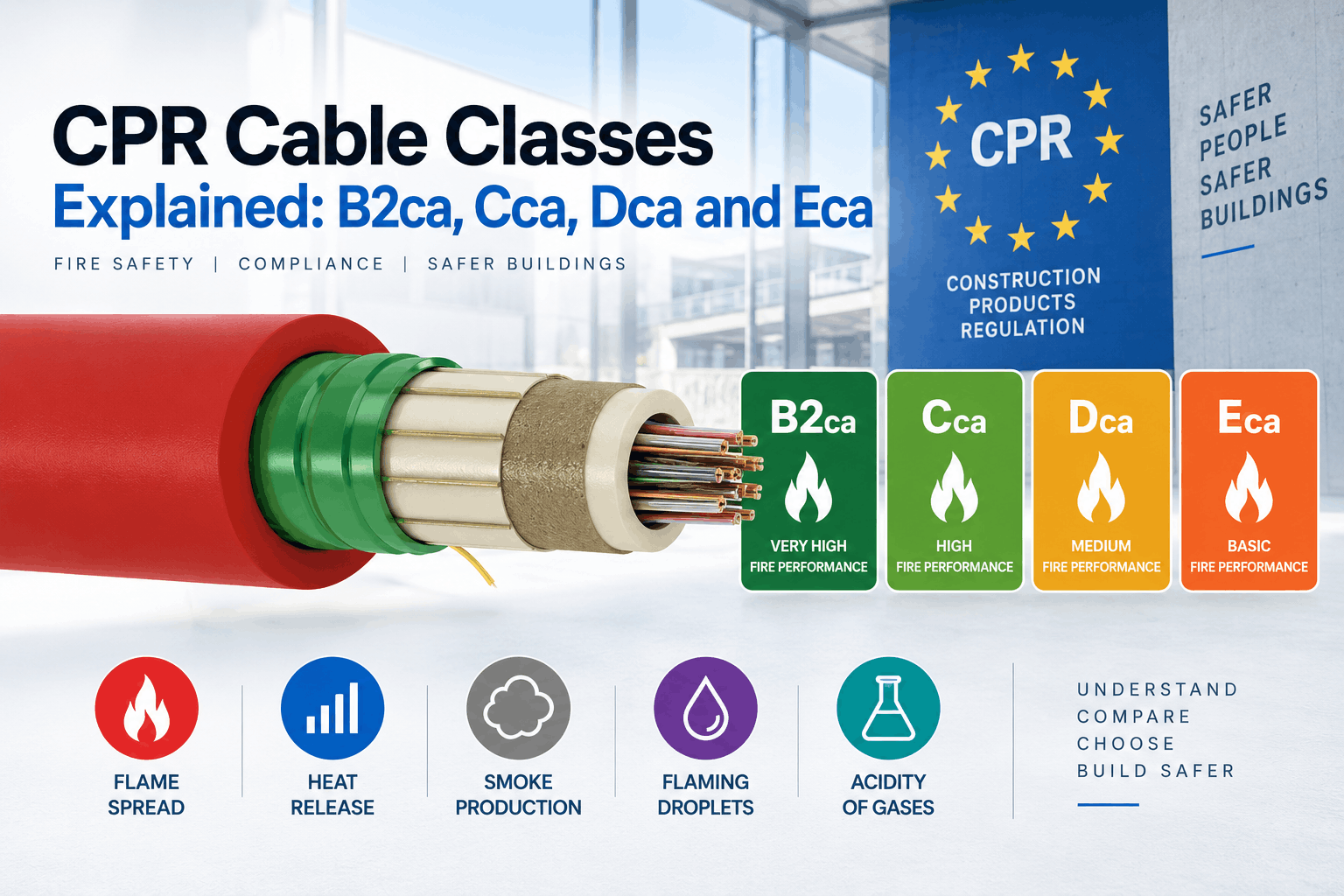 CPR cable classes infographic comparing B2ca, Cca, Dca and Eca reaction-to-fire performance, including flame spread, heat release, smoke production, flaming droplets and acidity of gases.
