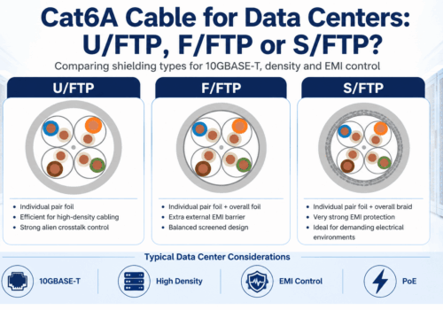 Cat6A cable for data centers comparison showing U/FTP, F/FTP and S/FTP shielding, alien crosstalk control, EMI protection and high-density applications.