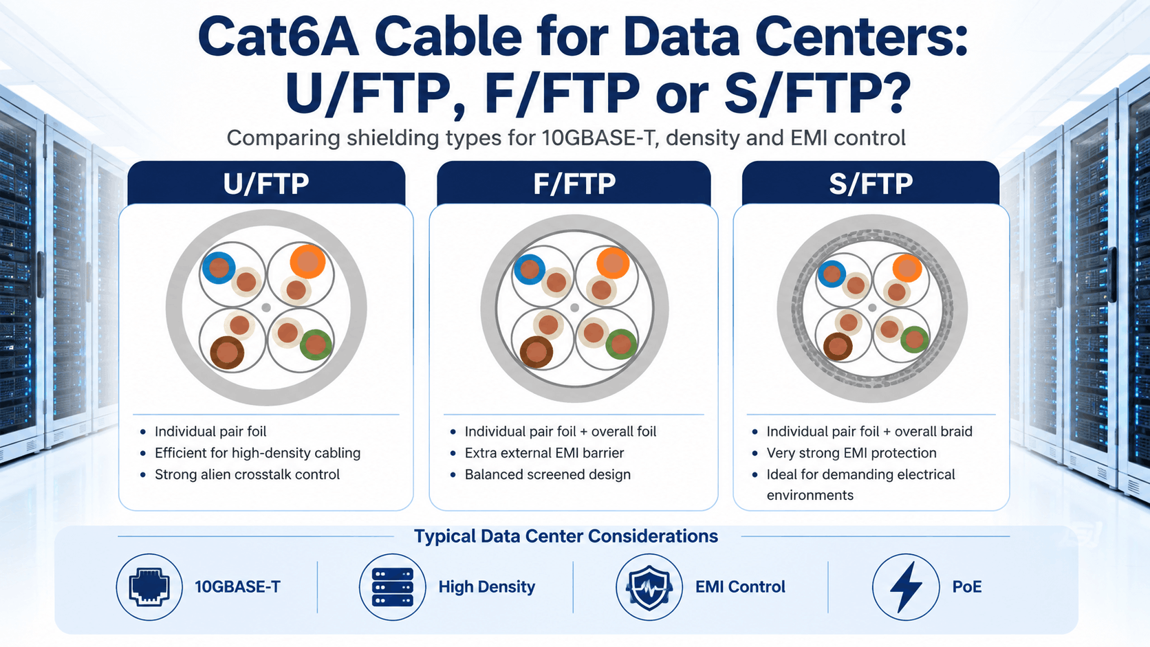 Cat6A cable for data centers comparison showing U/FTP, F/FTP and S/FTP shielding, alien crosstalk control, EMI protection and high-density applications.