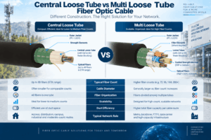 Central loose tube vs multi loose tube fiber optic cable comparison showing tube structure, fiber count, cable diameter, fiber organization, duct efficiency and typical network applications.