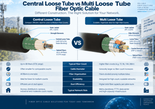 Central loose tube vs multi loose tube fiber optic cable comparison showing tube structure, fiber count, cable diameter, fiber organization, duct efficiency and typical network applications.