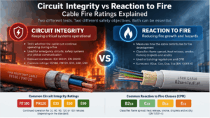 Circuit integrity vs reaction to fire infographic comparing FE180, PH120, E30, E60 and E90 cable fire survival ratings with B2ca, Cca, Dca and Eca CPR reaction-to-fire classes.