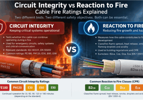 Circuit integrity vs reaction to fire infographic comparing FE180, PH120, E30, E60 and E90 cable fire survival ratings with B2ca, Cca, Dca and Eca CPR reaction-to-fire classes.