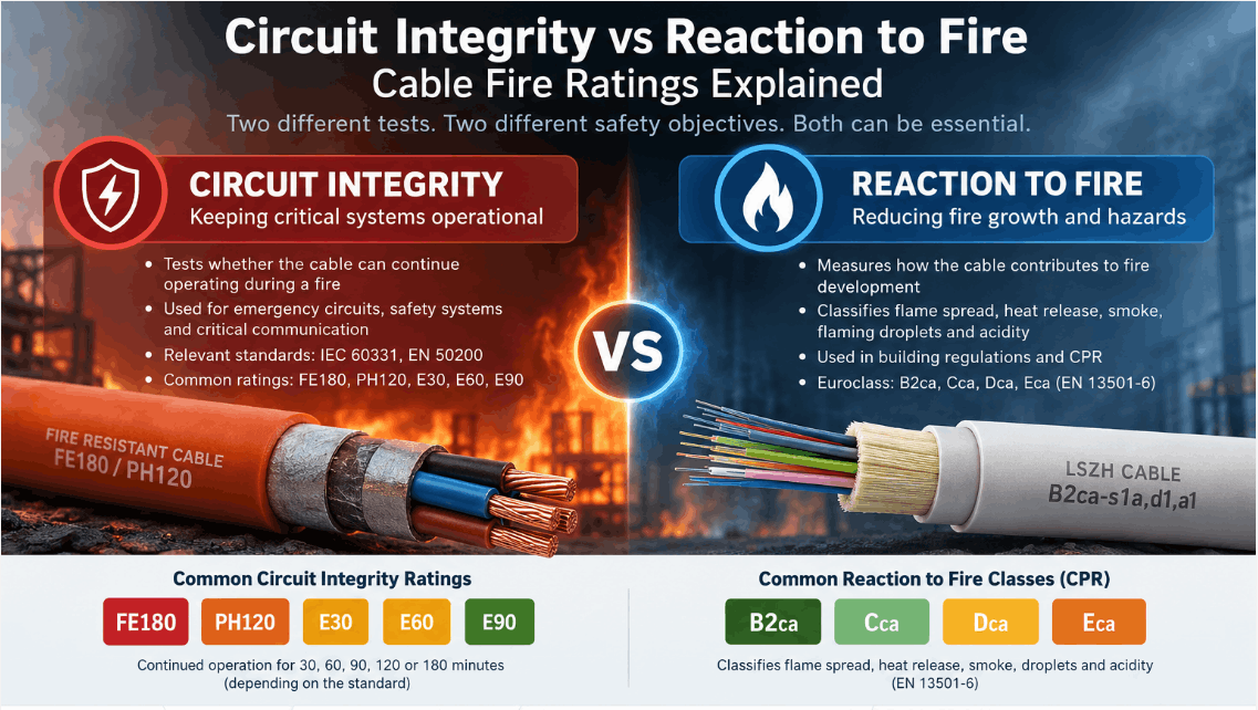 Circuit integrity vs reaction to fire infographic comparing FE180, PH120, E30, E60 and E90 cable fire survival ratings with B2ca, Cca, Dca and Eca CPR reaction-to-fire classes.