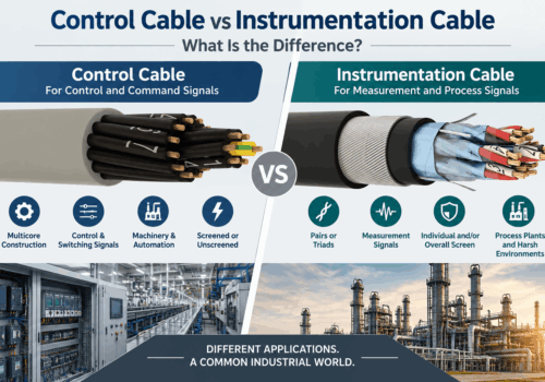 Control vs instrumentation cable comparison showing multicore control cable and screened pair and triad instrumentation cable constructions.
