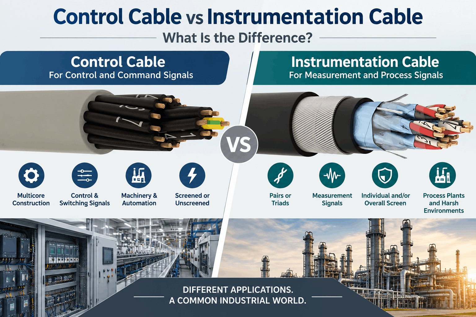 Control vs instrumentation cable comparison showing multicore control cable and screened pair and triad instrumentation cable constructions.
