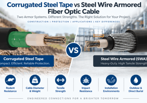 Corrugated steel tape vs steel wire armored fiber optic cable comparison showing mechanical protection, rodent resistance, cable diameter, weight, tensile strength, impact resistance, direct burial and industrial applications.