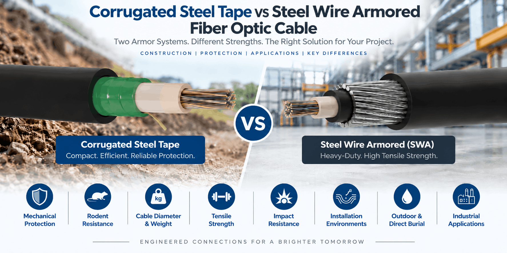 Corrugated steel tape vs steel wire armored fiber optic cable comparison showing mechanical protection, rodent resistance, cable diameter, weight, tensile strength, impact resistance, direct burial and industrial applications.