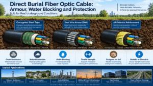 Direct burial fiber optic cable comparison showing corrugated steel tape, steel wire armour and all-dielectric reinforcement with crush resistance, rodent protection, water blocking and underground applications.