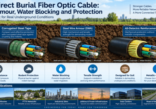 Direct burial fiber optic cable comparison showing corrugated steel tape, steel wire armour and all-dielectric reinforcement with crush resistance, rodent protection, water blocking and underground applications.