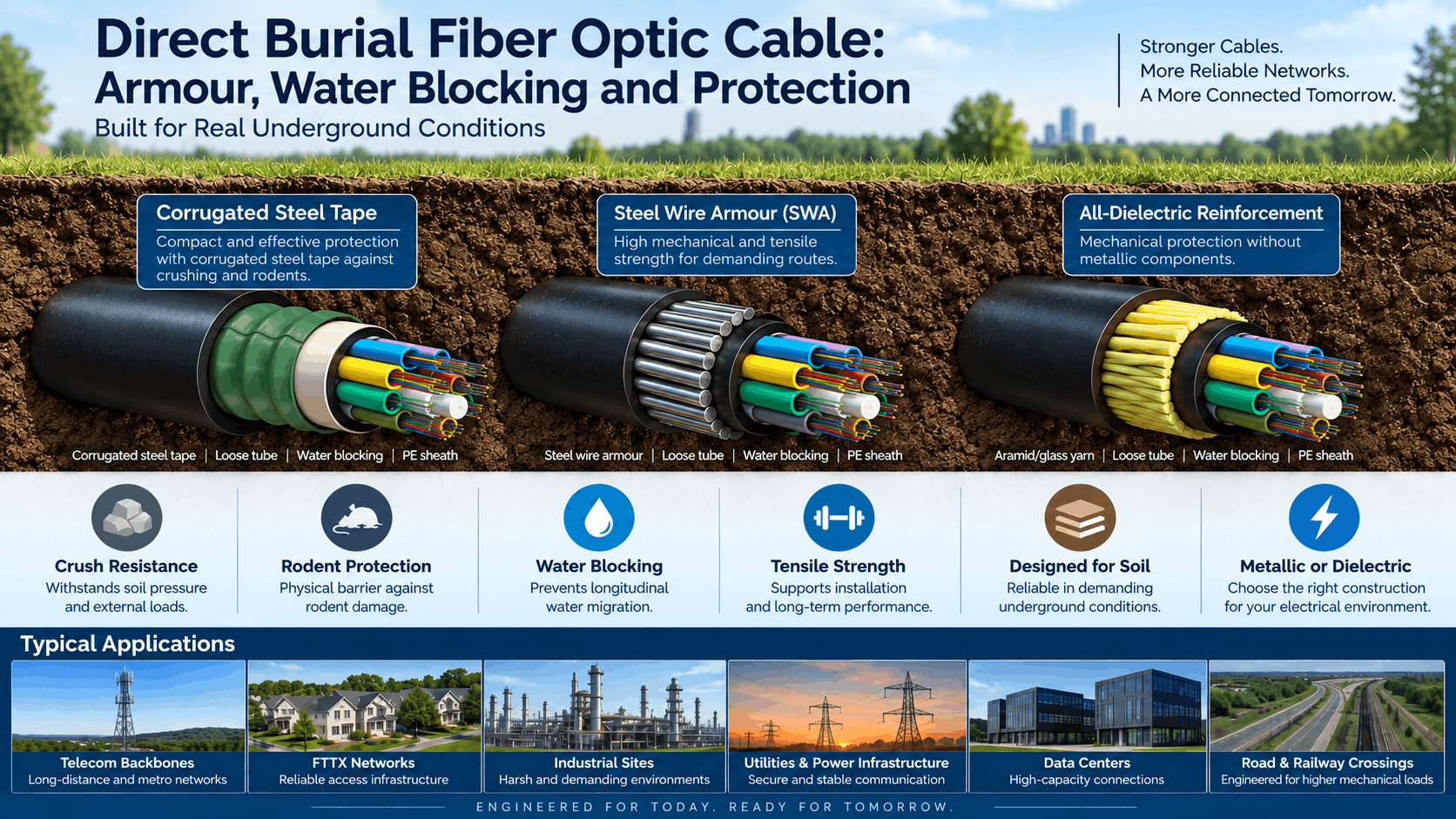 Direct burial fiber optic cable comparison showing corrugated steel tape, steel wire armour and all-dielectric reinforcement with crush resistance, rodent protection, water blocking and underground applications.