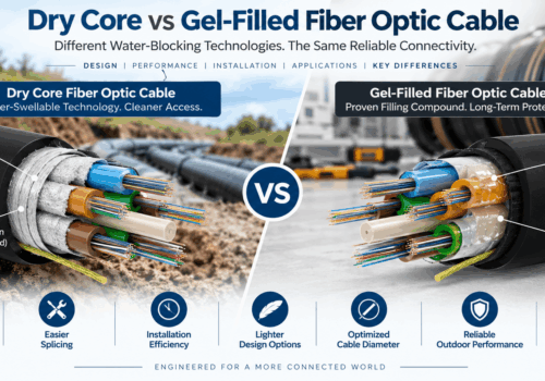 Dry core vs gel-filled fiber optic cable comparison showing water-swellable yarn and tape, thixotropic gel, water protection, splicing, installation efficiency and outdoor applications.