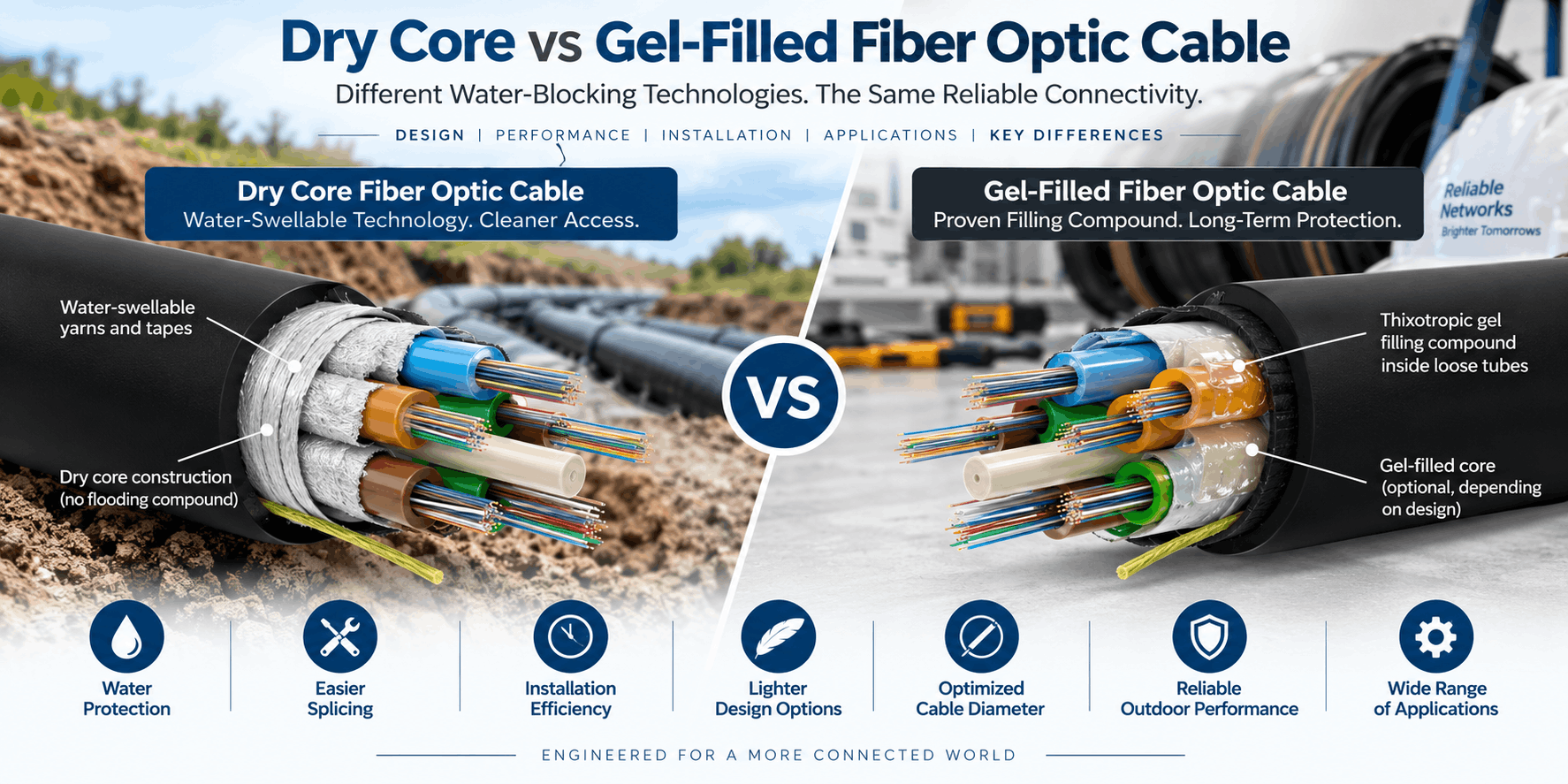 Dry core vs gel-filled fiber optic cable comparison showing water-swellable yarn and tape, thixotropic gel, water protection, splicing, installation efficiency and outdoor applications.
