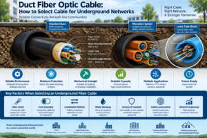 Duct fiber optic cable infographic showing standard duct and microduct systems, loose tube construction, water blocking, fiber count, cable diameter, pulling or blowing installation and underground network applications.