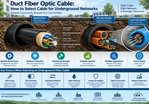Duct fiber optic cable infographic showing standard duct and microduct systems, loose tube construction, water blocking, fiber count, cable diameter, pulling or blowing installation and underground network applications.