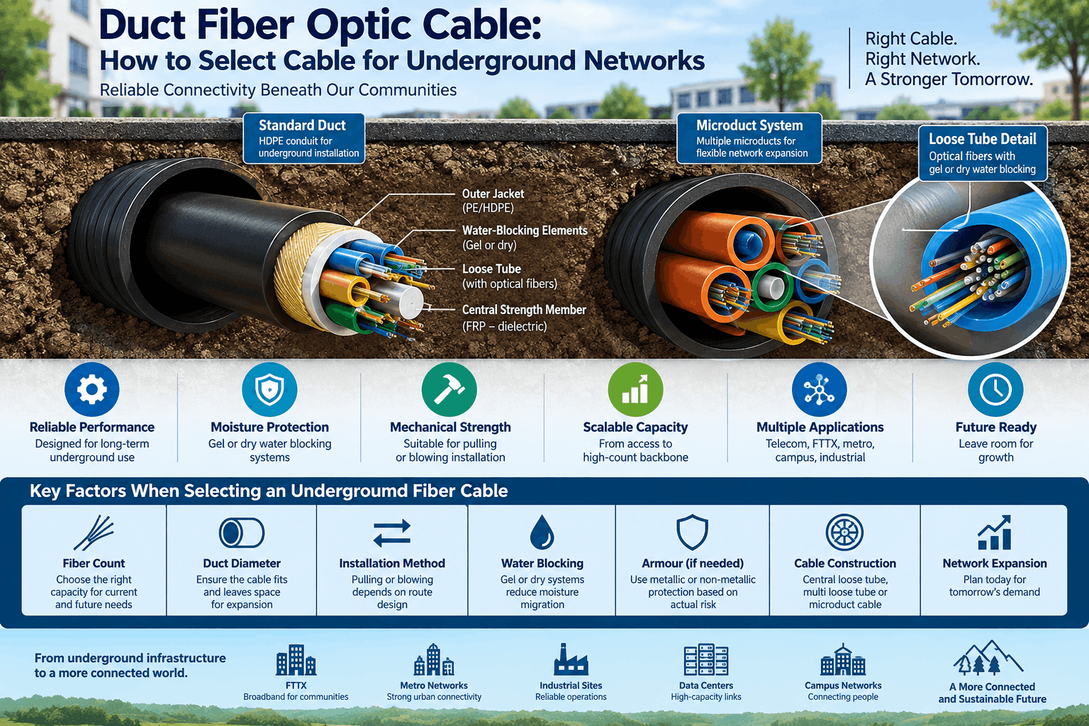 Duct fiber optic cable infographic showing standard duct and microduct systems, loose tube construction, water blocking, fiber count, cable diameter, pulling or blowing installation and underground network applications.