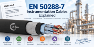 EN 50288-7 instrumentation cable infographic showing pair and triad constructions, screened and unscreened options, SWA mechanical protection, PVC or halogen-free materials and industrial applications.