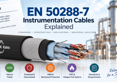 EN 50288-7 instrumentation cable infographic showing pair and triad constructions, screened and unscreened options, SWA mechanical protection, PVC or halogen-free materials and industrial applications.