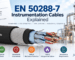 EN 50288-7 instrumentation cable infographic showing pair and triad constructions, screened and unscreened options, SWA mechanical protection, PVC or halogen-free materials and industrial applications.