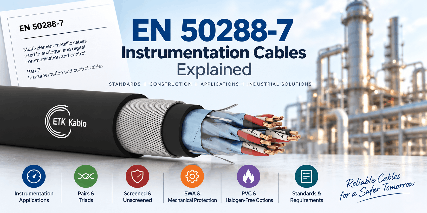 EN 50288-7 instrumentation cable infographic showing pair and triad constructions, screened and unscreened options, SWA mechanical protection, PVC or halogen-free materials and industrial applications.