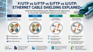 Comparison of U/UTP, F/UTP, U/FTP and S/FTP Ethernet cable shielding types, showing overall and individual pair screening differences.