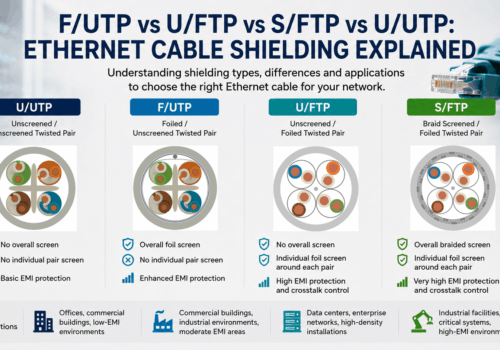 Comparison of U/UTP, F/UTP, U/FTP and S/FTP Ethernet cable shielding types, showing overall and individual pair screening differences.