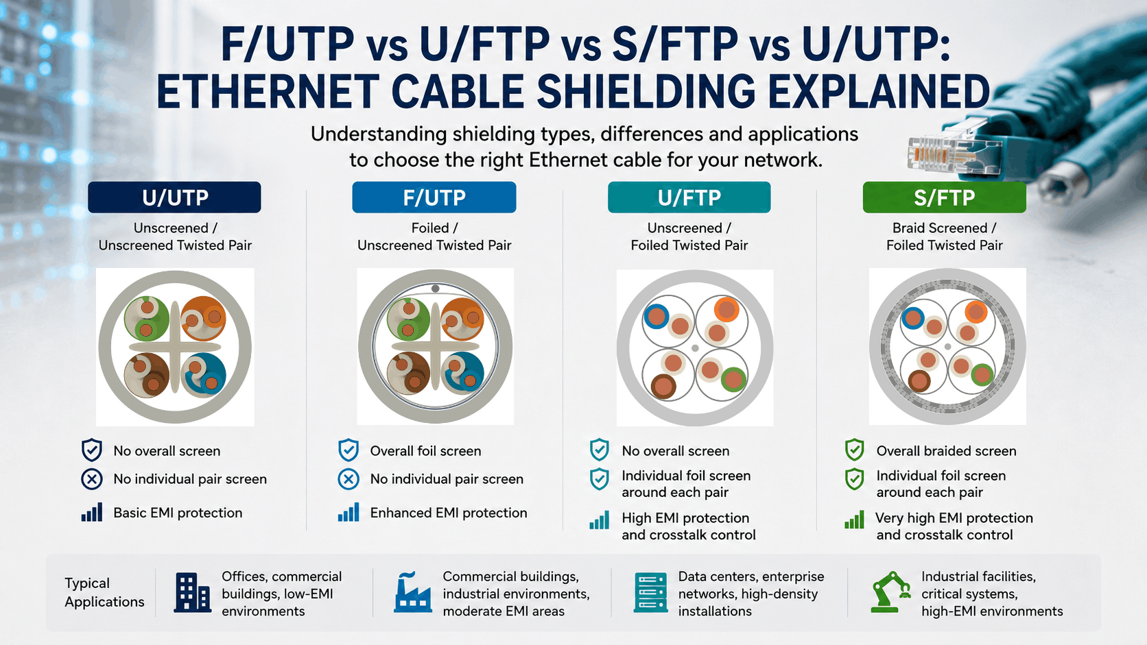 Comparison of U/UTP, F/UTP, U/FTP and S/FTP Ethernet cable shielding types, showing overall and individual pair screening differences.
