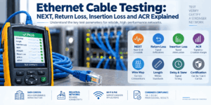Ethernet cable testing infographic showing NEXT, return loss, insertion loss, ACR, wire map, length, delay and certification parameters for Cat 5e, Cat 6 and Cat 6A networks.