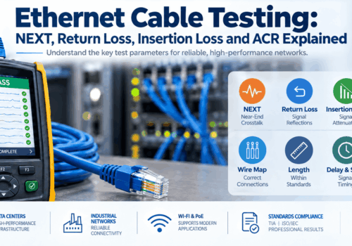 Ethernet cable testing infographic showing NEXT, return loss, insertion loss, ACR, wire map, length, delay and certification parameters for Cat 5e, Cat 6 and Cat 6A networks.