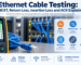 Ethernet cable testing infographic showing NEXT, return loss, insertion loss, ACR, wire map, length, delay and certification parameters for Cat 5e, Cat 6 and Cat 6A networks.