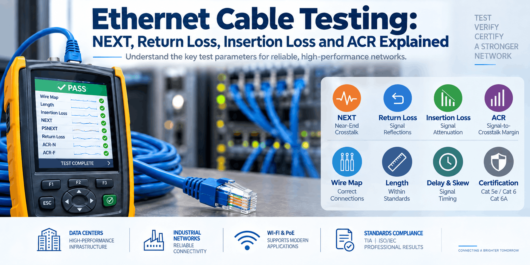 Ethernet cable testing infographic showing NEXT, return loss, insertion loss, ACR, wire map, length, delay and certification parameters for Cat 5e, Cat 6 and Cat 6A networks.