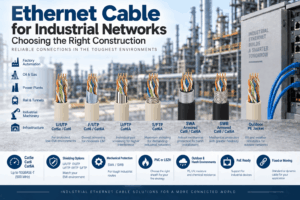 Industrial Ethernet cable comparison showing Cat5e, Cat6 and Cat6A constructions with U/UTP, F/UTP, U/FTP, S/FTP, SWA, SWB and outdoor PE options.