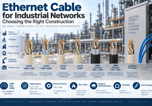 Industrial Ethernet cable comparison showing Cat5e, Cat6 and Cat6A constructions with U/UTP, F/UTP, U/FTP, S/FTP, SWA, SWB and outdoor PE options.