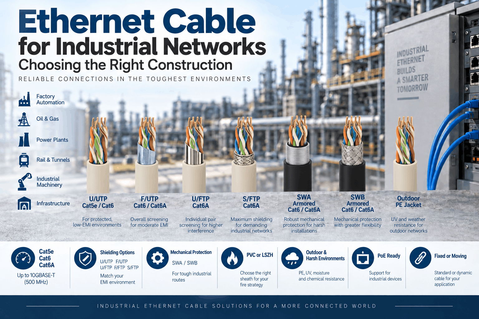 Industrial Ethernet cable comparison showing Cat5e, Cat6 and Cat6A constructions with U/UTP, F/UTP, U/FTP, S/FTP, SWA, SWB and outdoor PE options.